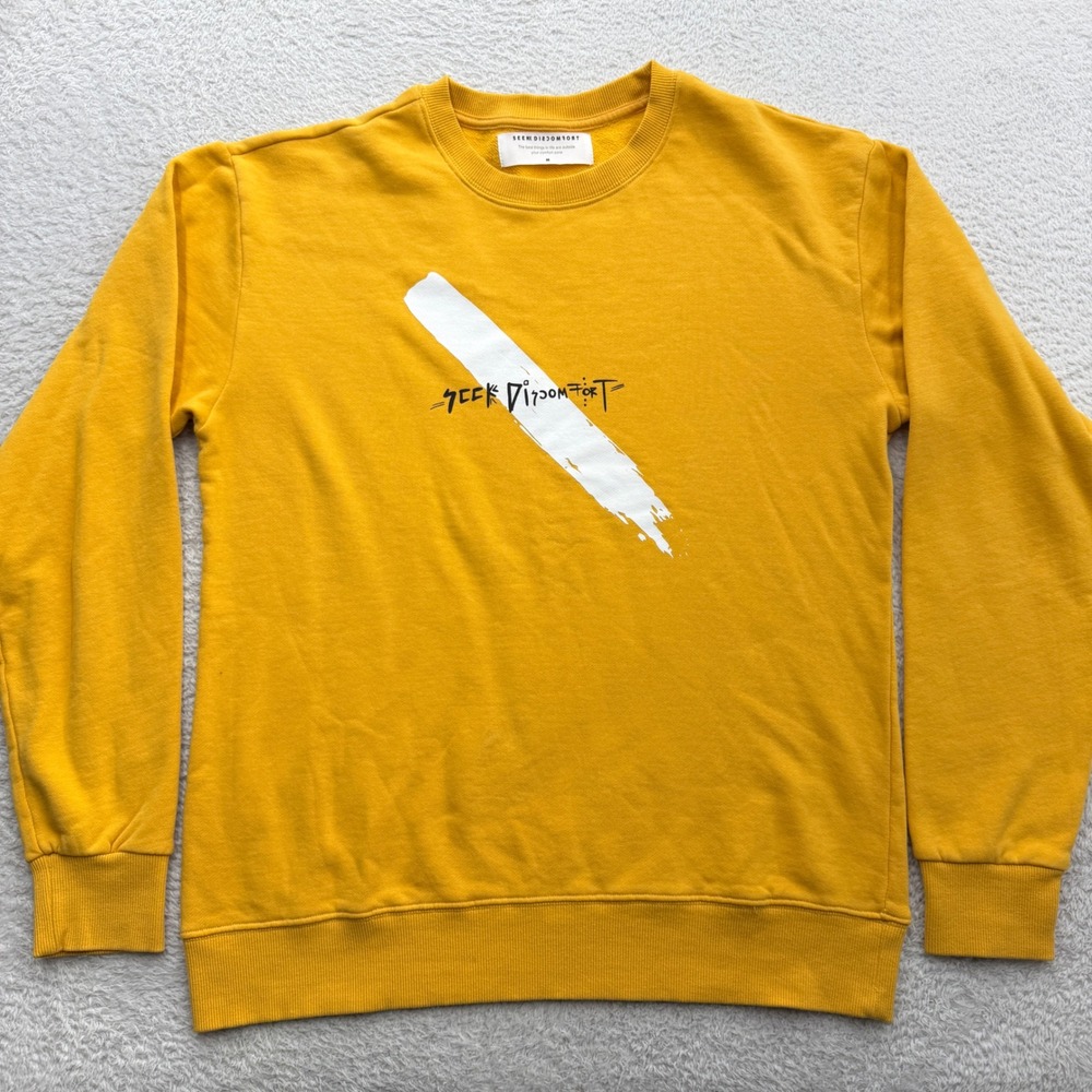 Seek Discomfort Mens Yellow Organic Cotton Graphic Crewneck Sweatshirt Size M‎